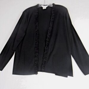 Misook Women M Petite Black Stretch Knit Open Front Cardigan Sweater Lace Trim